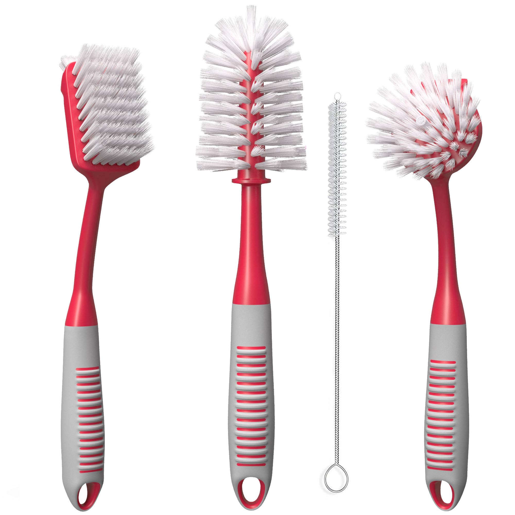 Dish Brush Set of 5 with Holder - Kitchen Scrub Brushes with Non-Slip Long Handle for Cleaning, Scrubber, Dishwashing, Dishes, Bottles, Straws, Cups, Pots & Sink, Baige