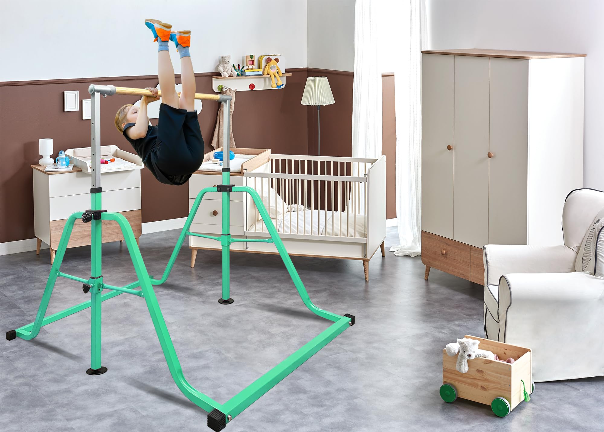 Foldable & Moveable Gymnastics Horizontal Bar with Rings,3’to 5’Adjustable Height Expandable Junior Kip Bar for Home,Indoor Gym Equipment for Kids