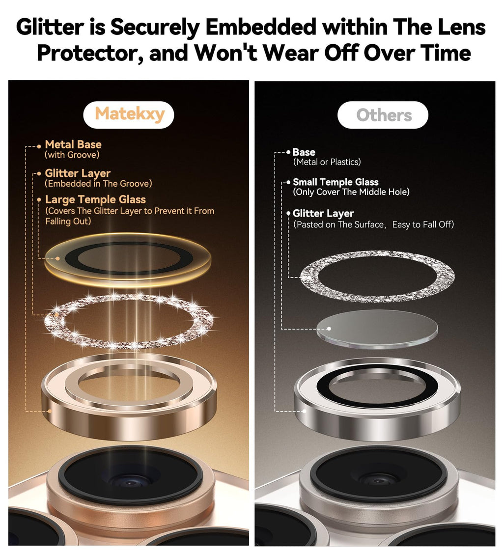 Matekxy Glitter Camera-Lens Protector for iPhone-16 Pro-Max - 16 Pro Anti-Scratch Tempered Glass with Aluminum Edging, Cute Girly Metal Individual Bling Ring Cover for Women, Black Titanium