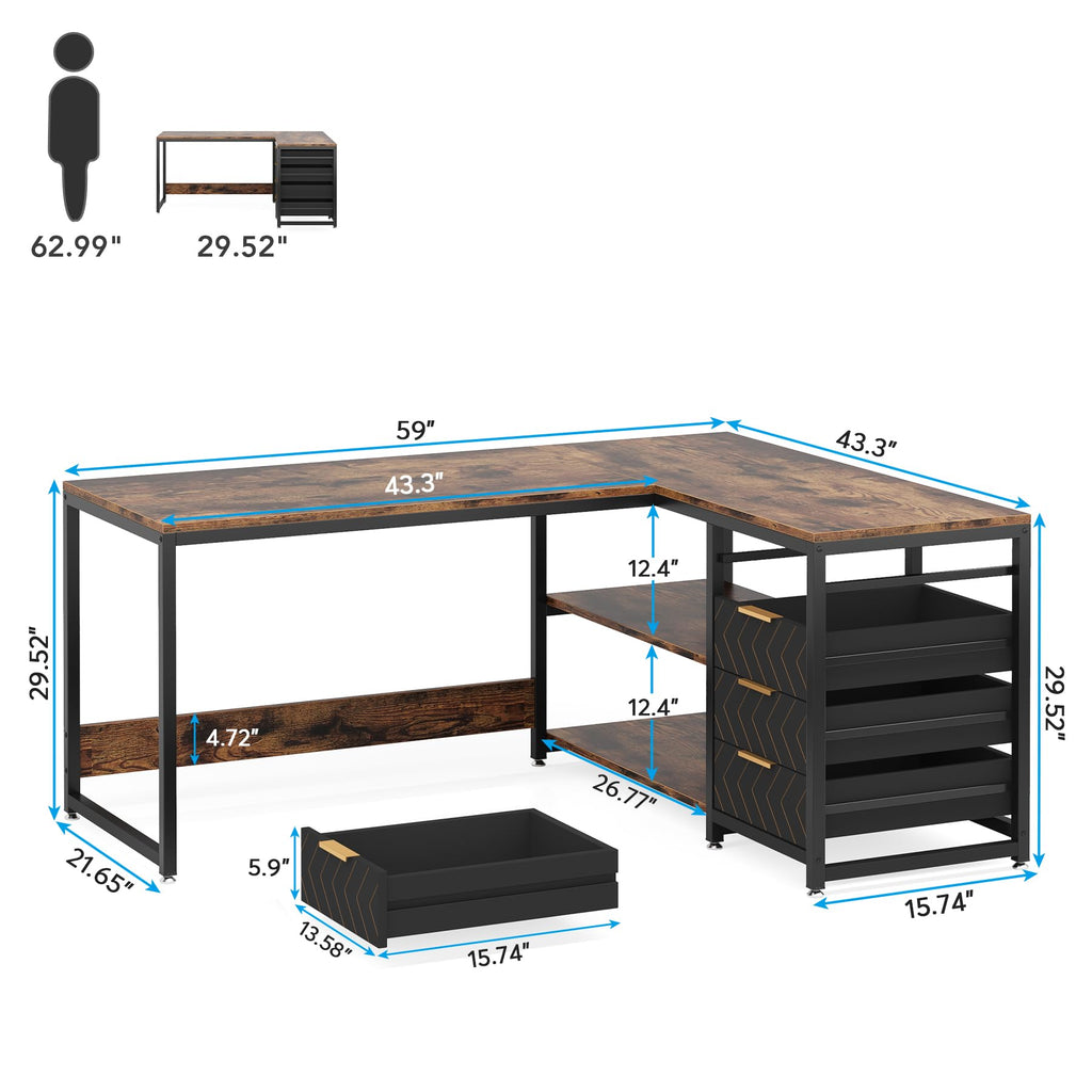 LITTLE TREE 59-Inch L Shaped Desk with Drawers, Large Computer Desk with Storage Shelves, Reversible L-Shaped Corner Desk Workstation for Home Office