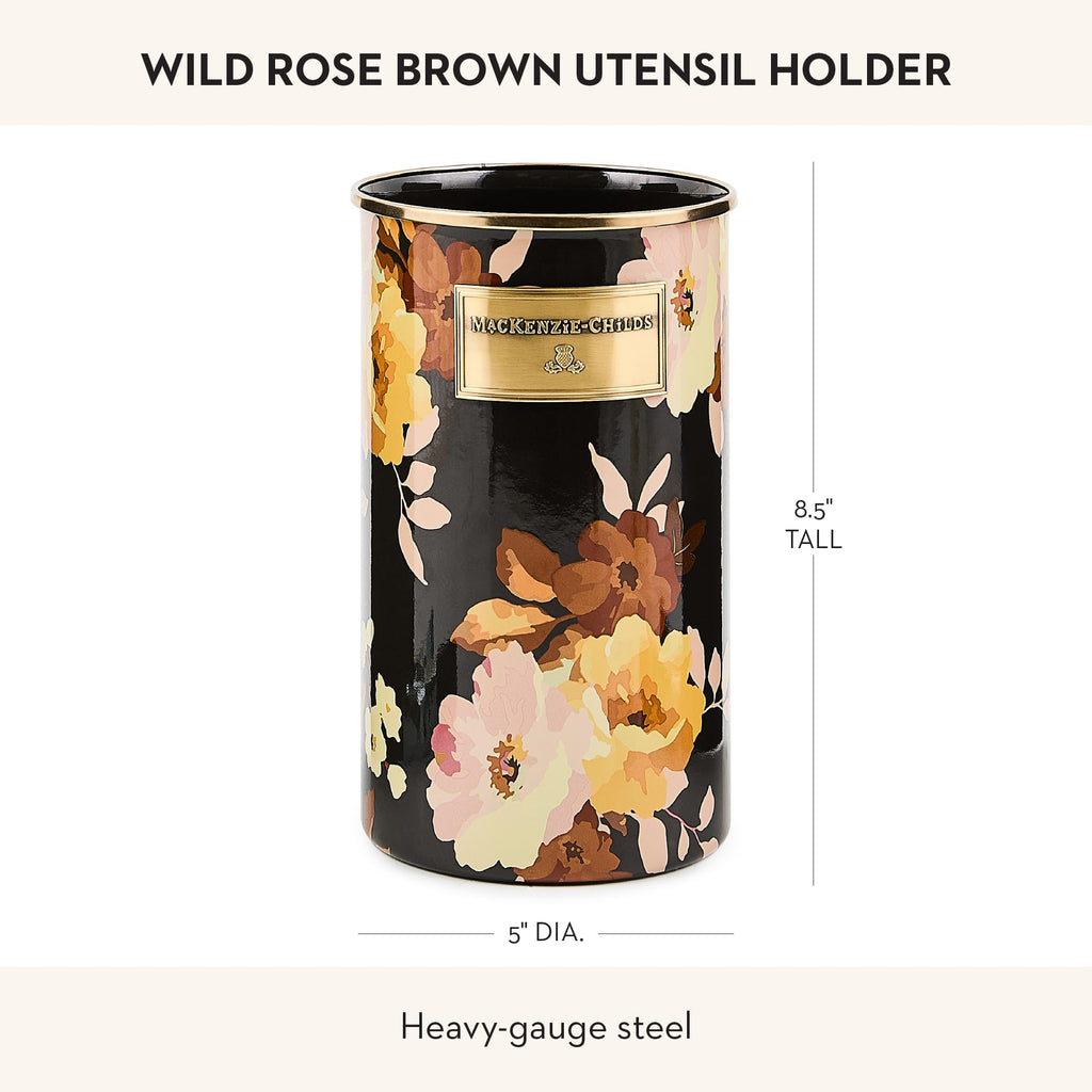 MACKENZIE-CHILDS Enamel Utensil Holder, Stylish Kitchen Countertop Organizer, Wild Rose Brown