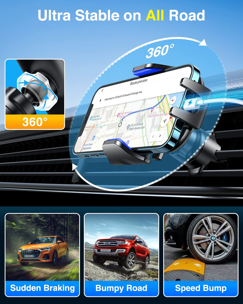 VANMASS [True Military-Grade] Car Phone Holder [Best Suction & Clip] Cell Phone Mount for Dashboard Windshield Vent Truck Cradle Dash Stand for iPhone 15 Pro Max 14 13 12 Android, Blue