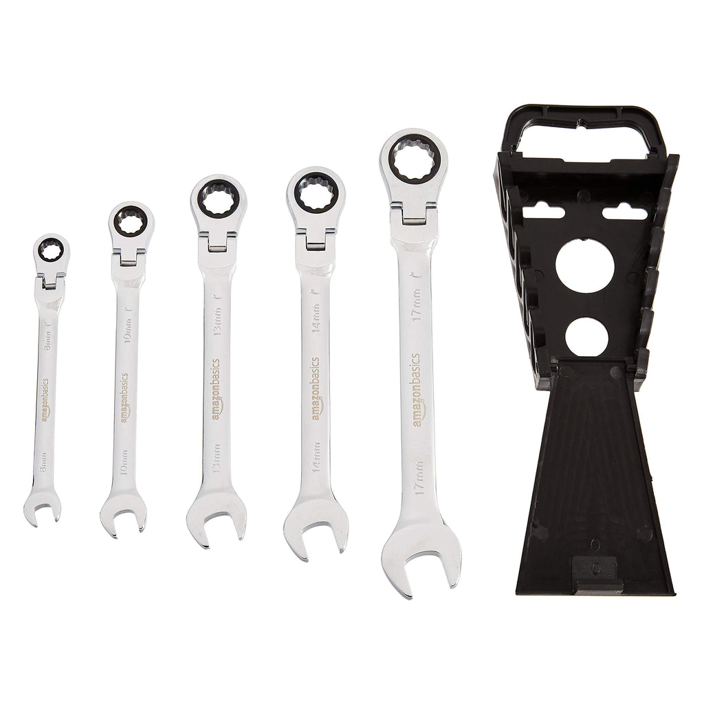 Amazon Basics 72-Tooth Ratcheting Combination Wrench Set, Chrome Vanadium Steel Flexible Head, 5-Piece SAE Sizes 5/16", 3/8", 1/2", 9/16", 11/16", Chrome Finish