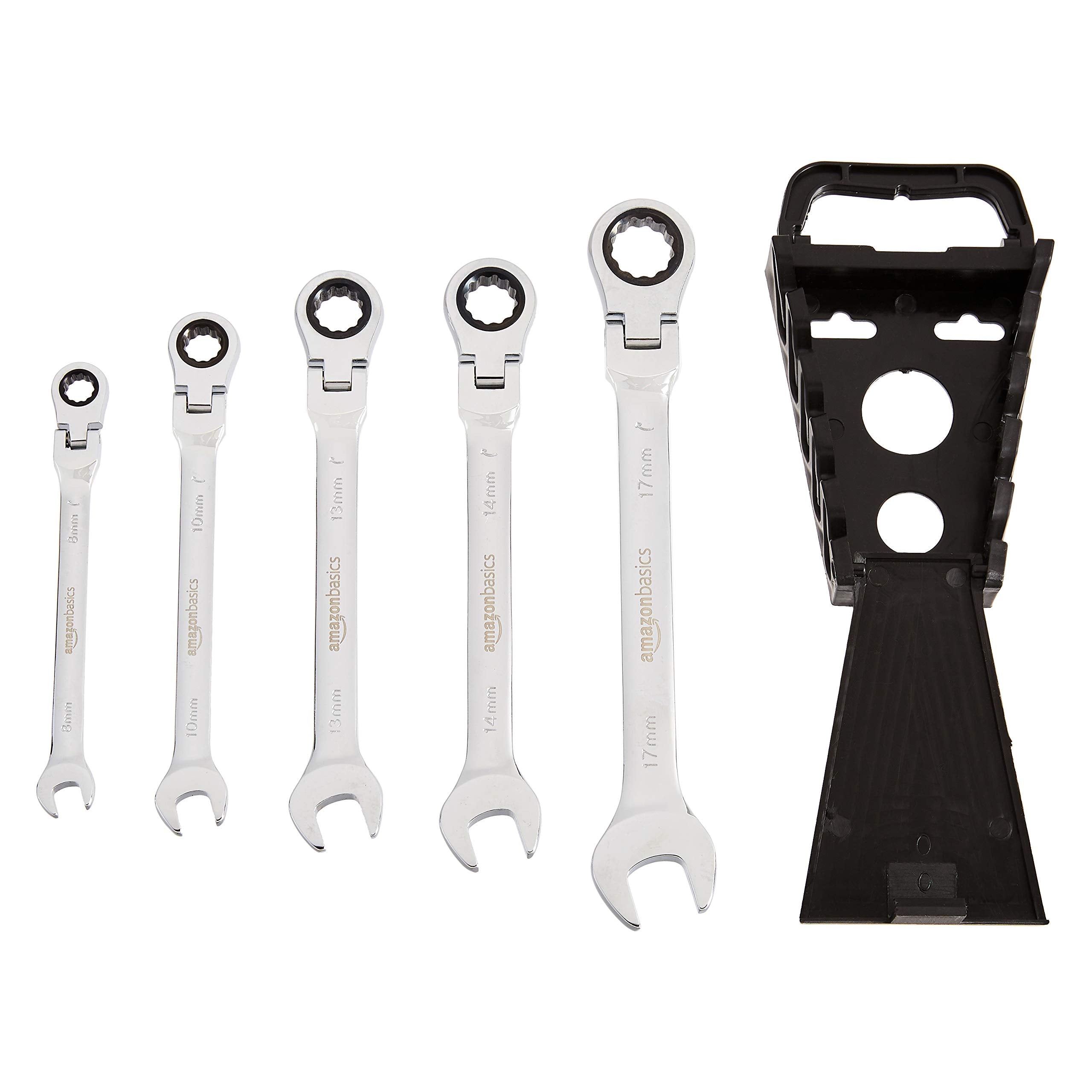 Amazon Basics 72-Tooth Ratcheting Combination Wrench Set, Chrome Vanadium Steel Flexible Head, 5-Piece SAE Sizes 5/16", 3/8", 1/2", 9/16", 11/16", Chrome Finish
