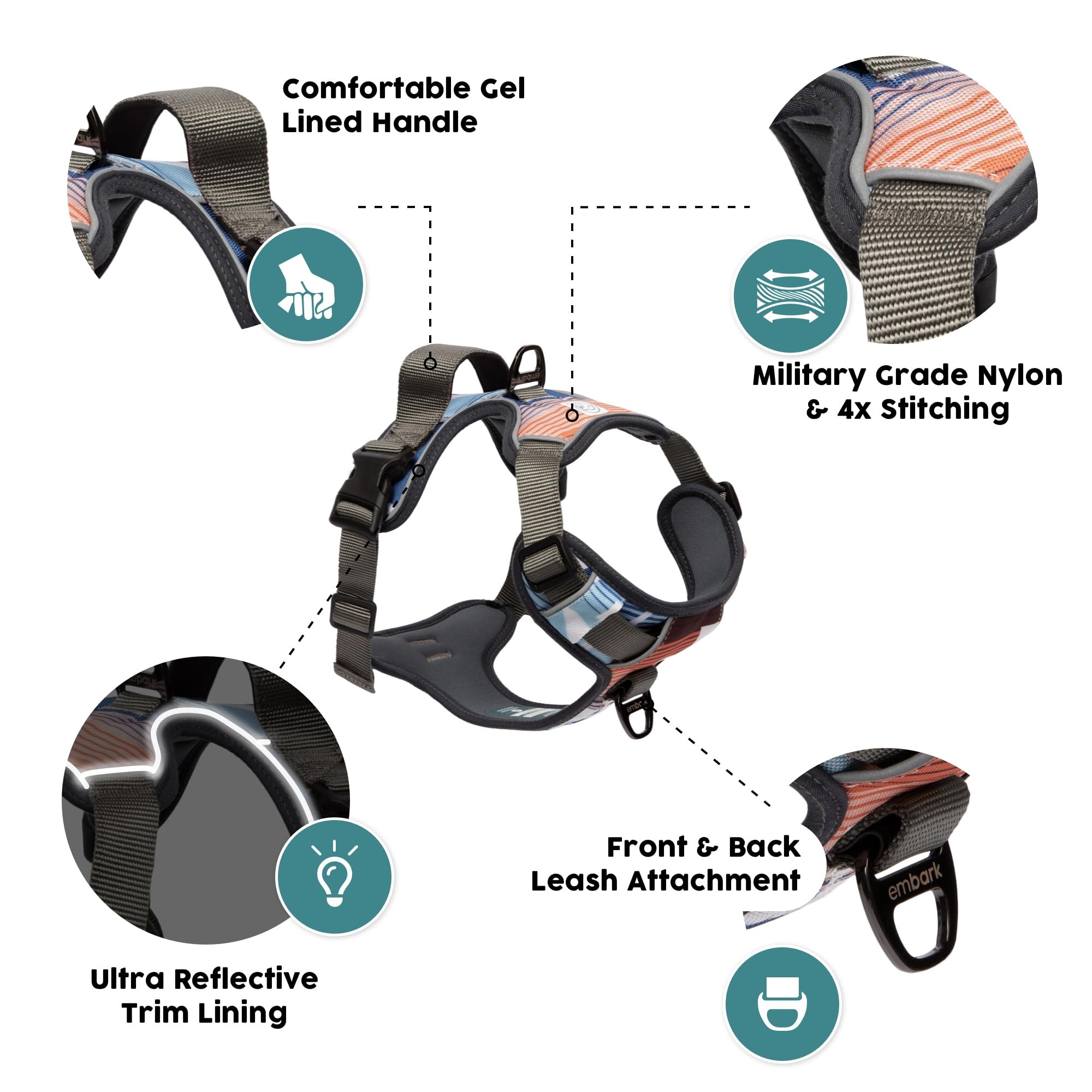 Embark Adventure Dog Harness for Small, Medium & Large Dogs – No Pull, Reflective Trim, Heavy Duty Oxford, 2 Leash Clips, Gel-Lined Handle, Soft Padded