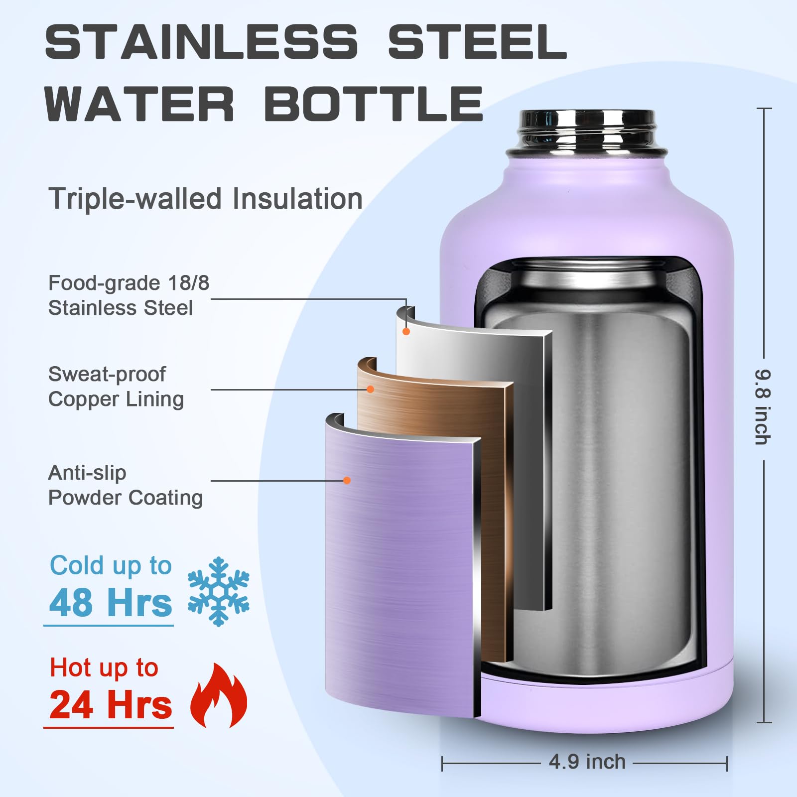 GAZLEMHO 40 oz Insulated Water Bottle with Straw& Spout 2-in-1 Lid, Triple Wall Vacuum Stainless Steel Cold 48H, Leak Proof Sports Metal Flask Jug with Paracord Handle, Black