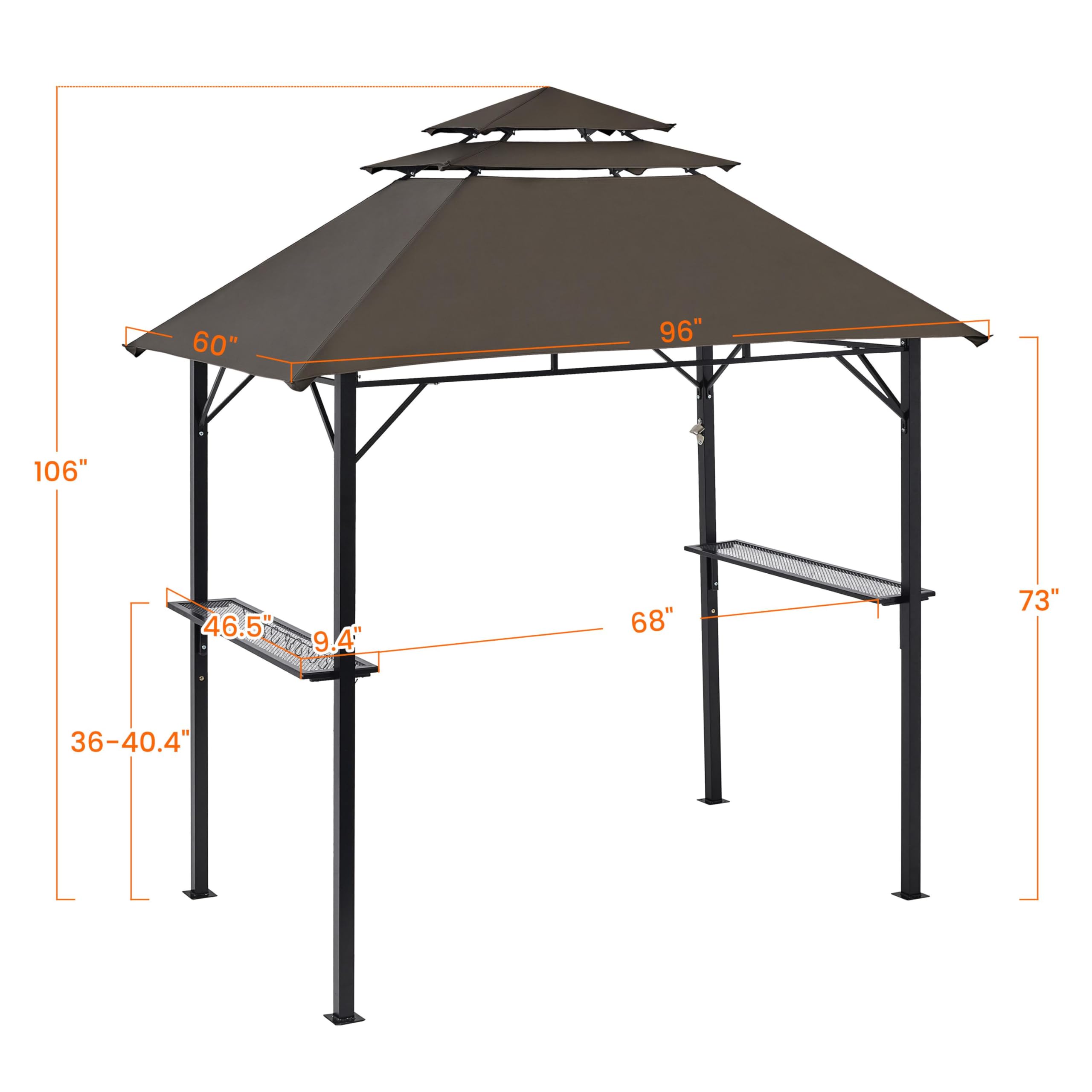 Yaheetech 8x5' Grill Gazebo, 3-Tier Outdoor BBQ Gazebo with Height-Adjustable Shelves & 10 S-Shaped Hooks & Built-in Bottle Opener, Brown