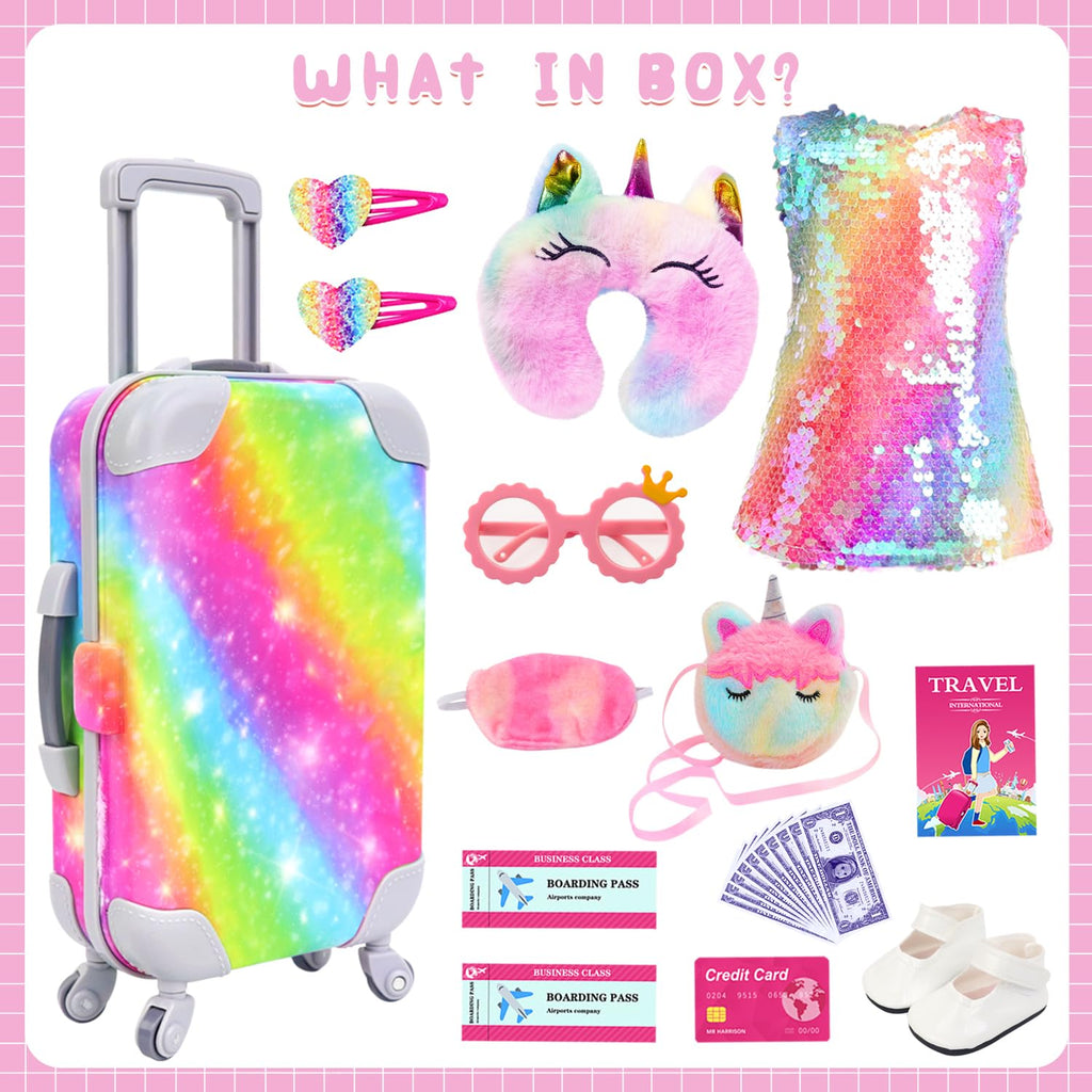K.T. Fancy 18 Inch American Doll Clothes and Accessories, Doll Travel Suitcase Playset for Girls, Cute Travel Doll Clothes for 18 Inch Girl Doll(Not Include Doll & Shoes), Pink