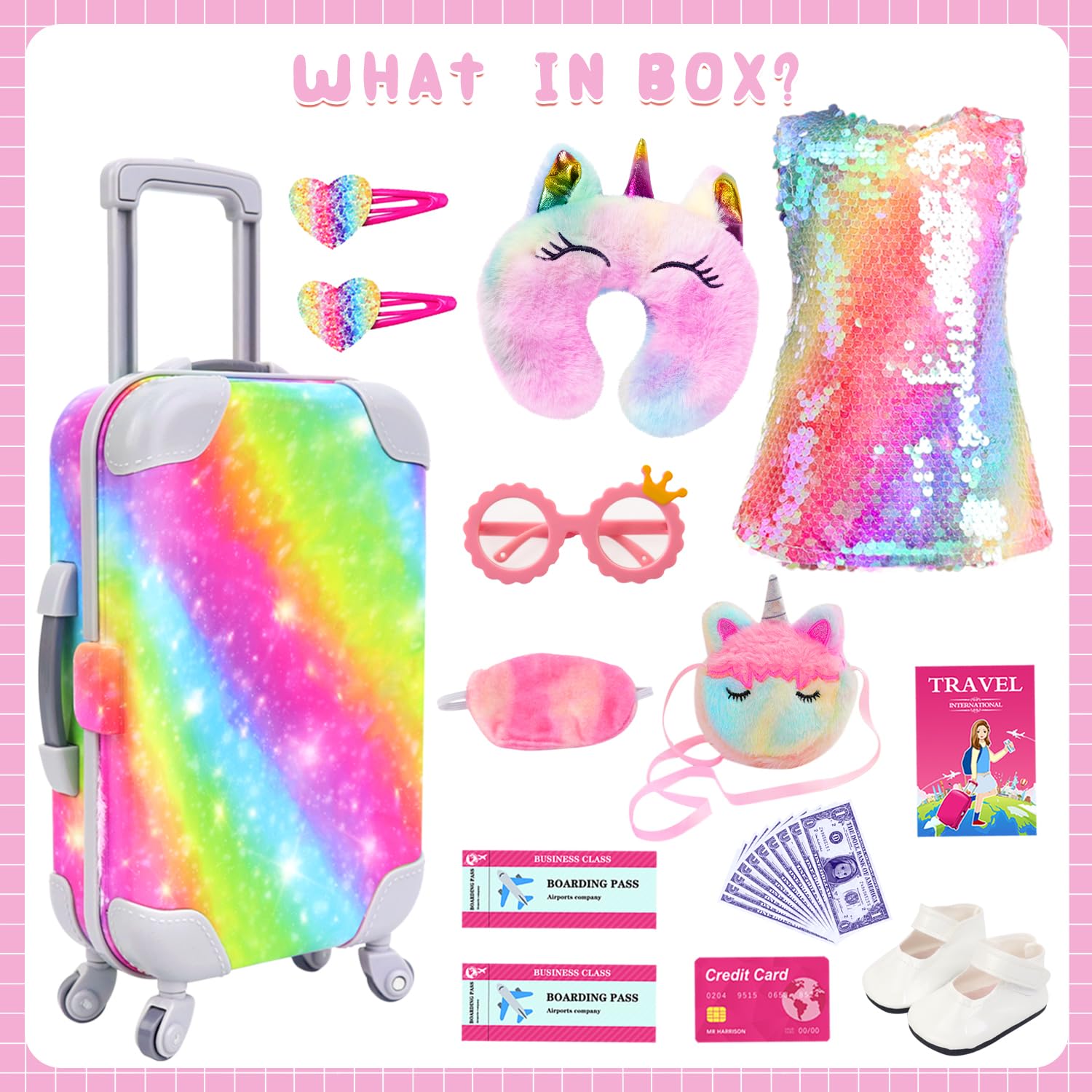 K.T. Fancy 18 Inch American Doll Clothes and Accessories, Doll Travel Suitcase Playset for Girls, Cute Travel Doll Clothes for 18 Inch Girl Doll(Not Include Doll & Shoes), Pink