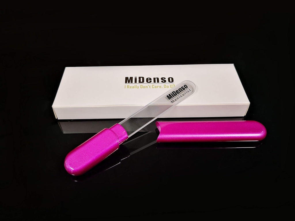 MiDenso Premium Glass Nail File with Case, Crystal Diamond Salon Nail Buffer for Natural and Acrylic Nails, Apricot Color, Japanese Nano Technology, 5.5 Inch