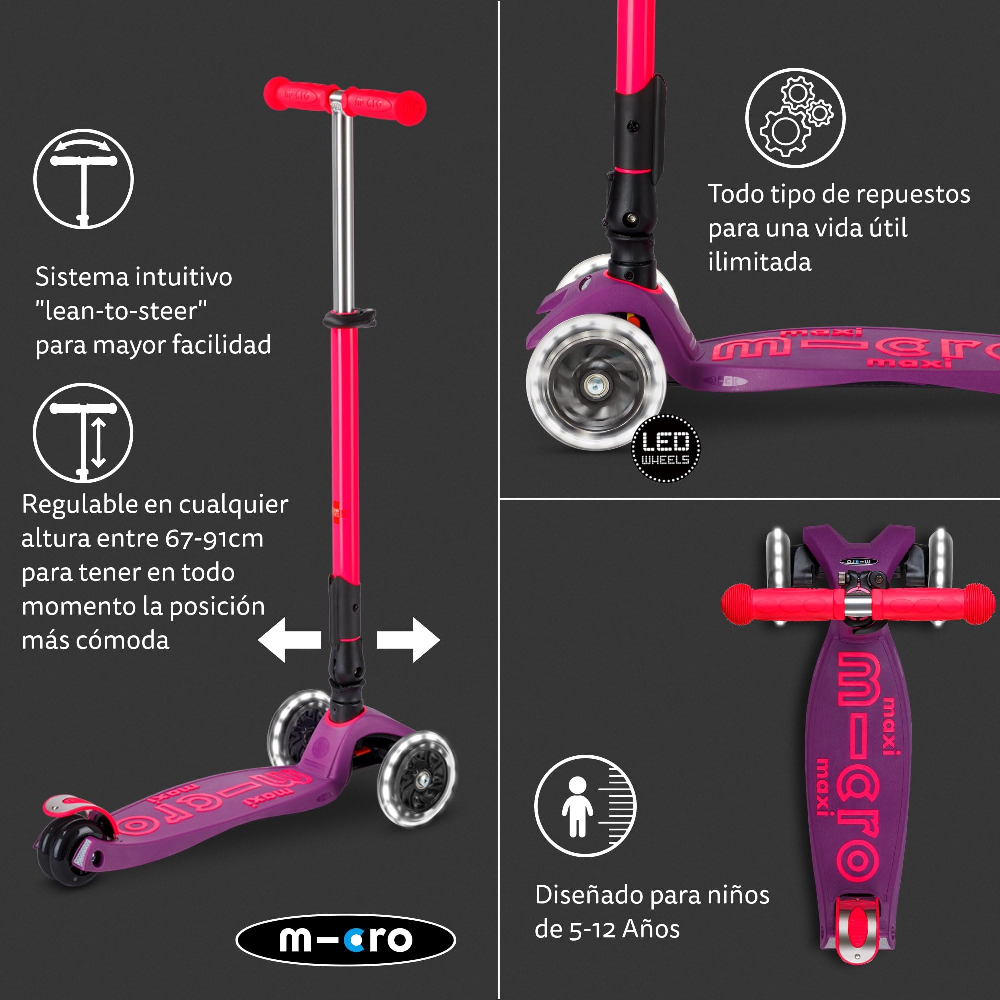Micro Kickboard | Maxi Foldable LED Kids Scooter for Ages 5-12 | Children up to 110 lbs | 3 Wheel Lean-to-Steer Design | Adjustable T Bar | Smooth Ride, Motion Activated PU LED Wheels | Swiss Design