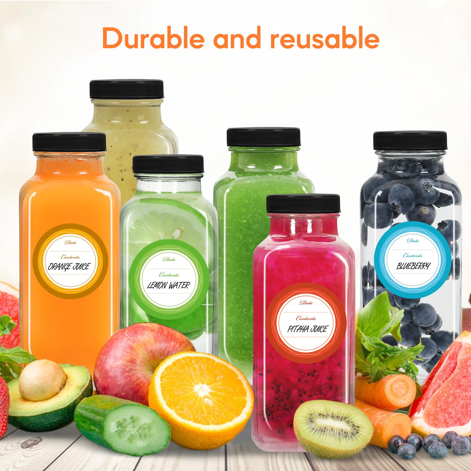 STARSIDE 8 oz Glass Juice Bottles with Lids 12 Pack - Square Reusable Drinking Jars for Juicing, Milk, Kombucha - Includes 1 Bottle Brush, 12 Colored Labels