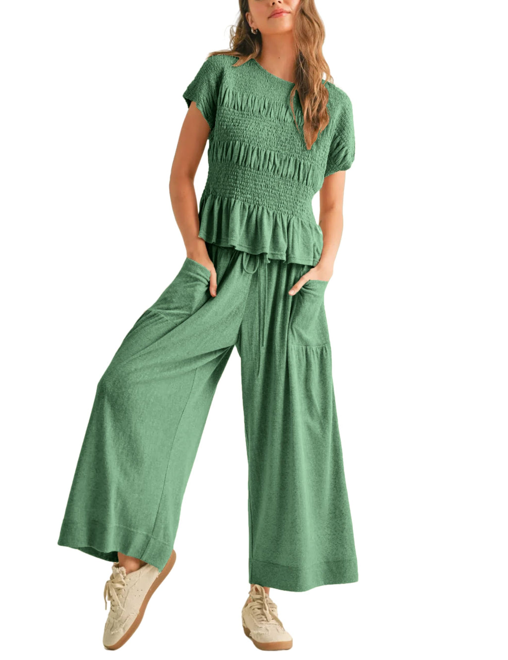 Antnation Womens 2 Piece Smocked Top Wide-Leg Pants Set High-Waisted Lounge Outfit with Pockets Casual Boho Matching Set