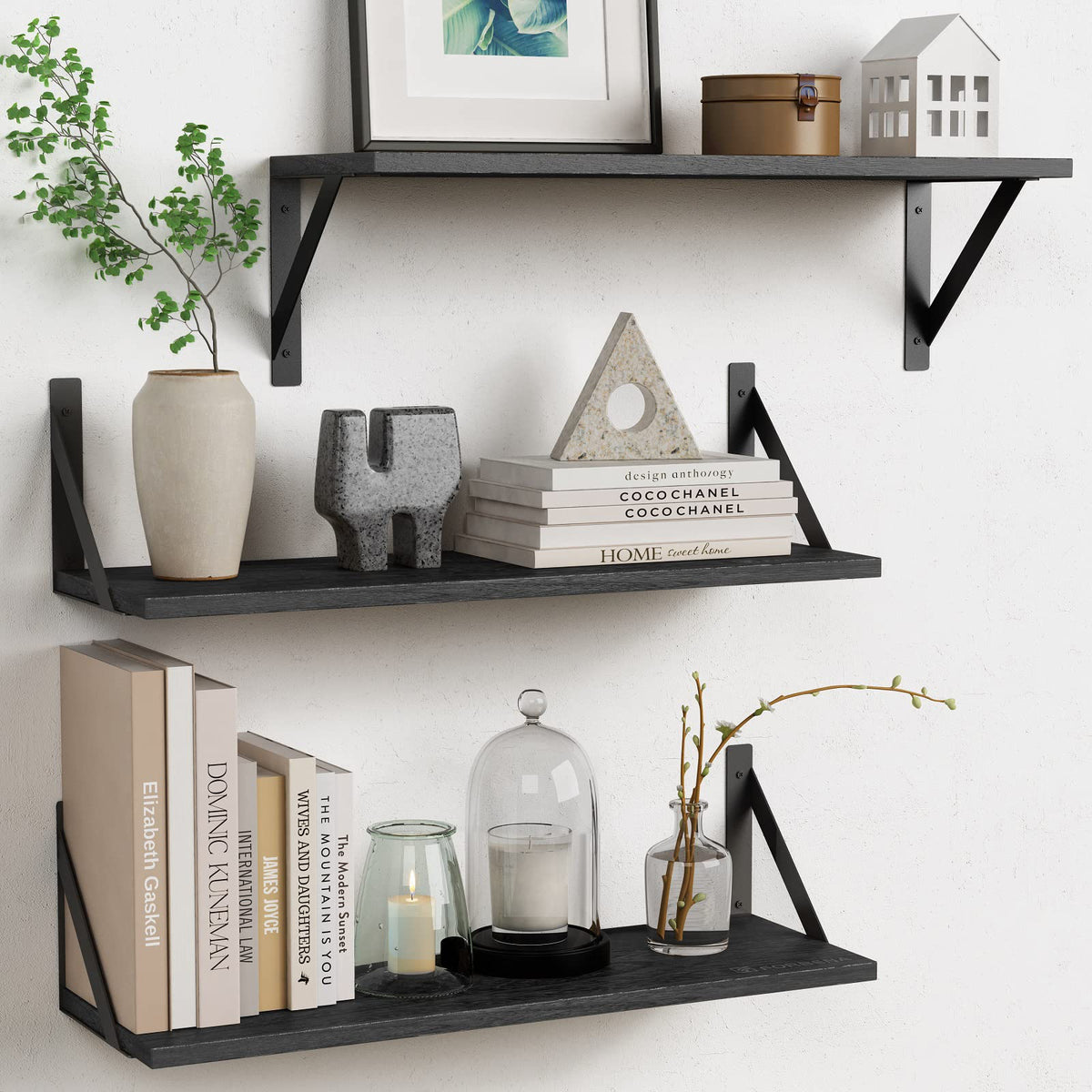 Forbena 12 Inch Deep Floating Shelves for Wall, Wide Black Wall Mounted Shelves for Bedroom Office Books Plants, Large Hanging Shelf for Living Room Bathroom Kitchen Closet Pantry Storage (3-Pack)
