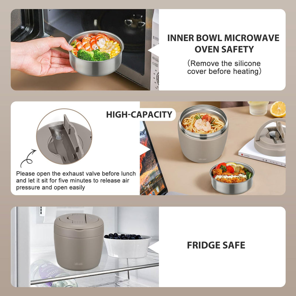 wiwens Thermo Food Jar for Hot Food Adults 32OZ Soup Thermo Lunch Containers Wide Mouth Vacuum Insulated Stainless Steel Leakproof Bento Box with Spoon (Beige)