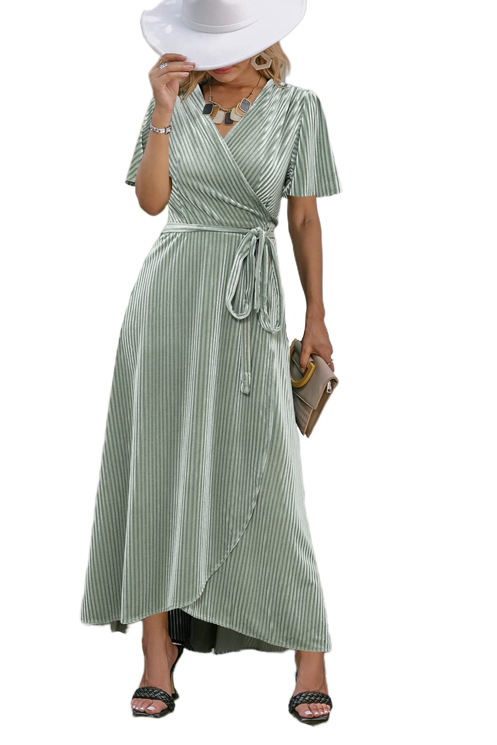 BerryGo Women's Velvet V Neck Wrap Semi Formal Dress Cocktail Party Maxi Dress for Wedding Guest