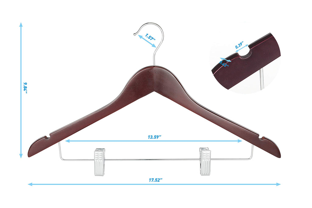 TOPIA HANGER Wooden Suit Hangers with Adjustable Metal Clips (10 Pack), Solid Wood Clothes Hangers, 360° Swivel Hook, Premium Retro Finish Pants Hangers for Clothes Coat, Jeans, Blouse-CT28A