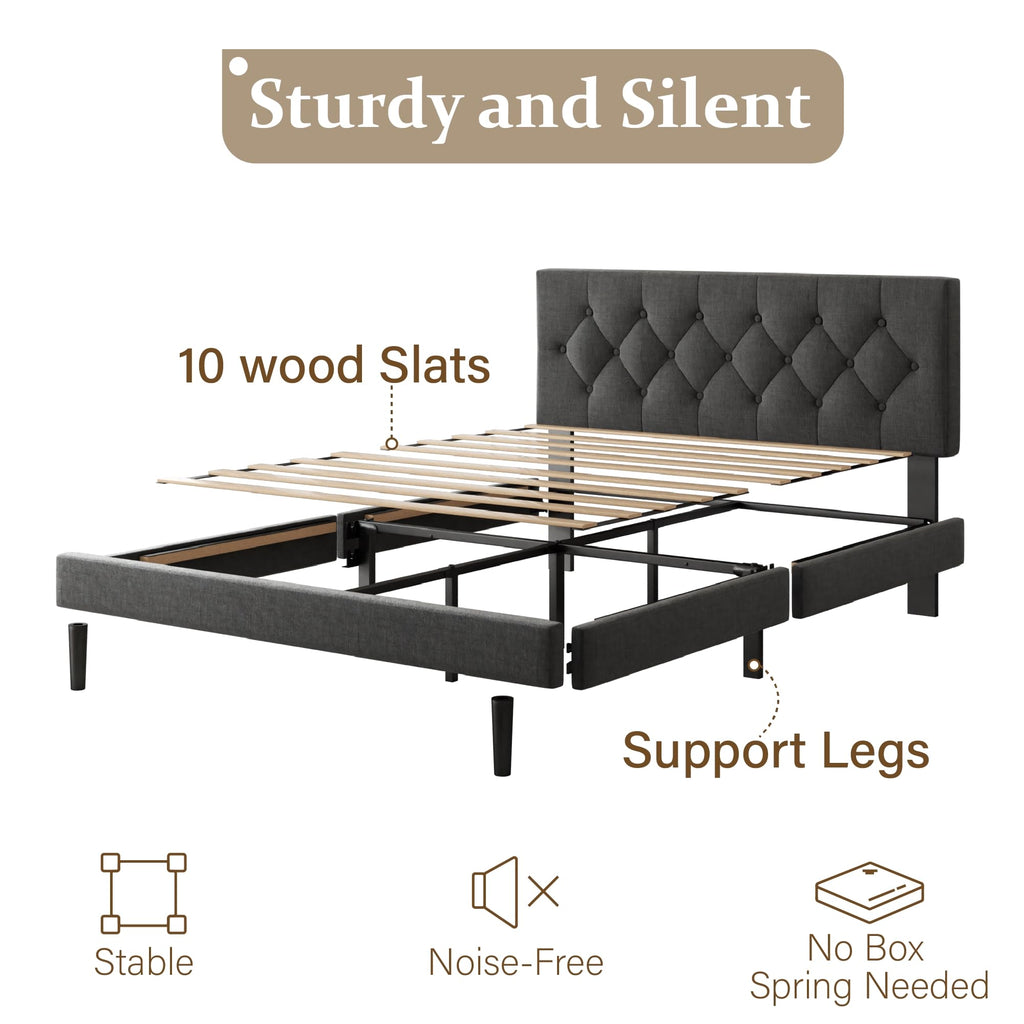 CXVX Full Size Platform Bed Frame with Upholstered Headboard, Button Tufted Design, Strong Wooden Slats, No Box Spring Needed, Easy Assembly, Noise Free