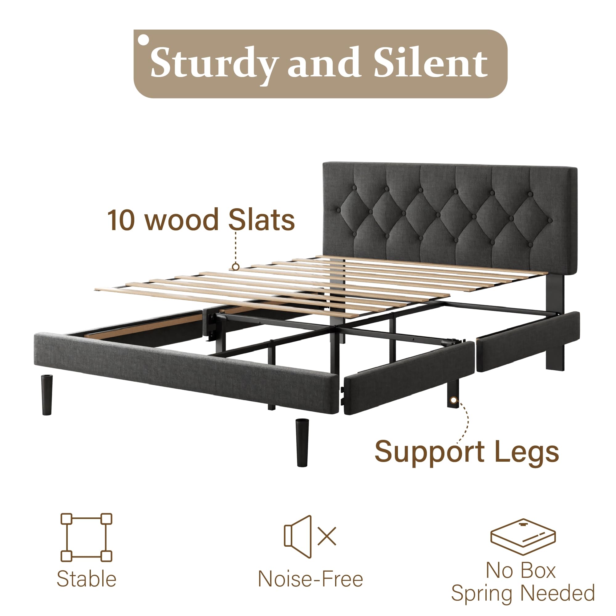 CXVX Full Size Platform Bed Frame with Upholstered Headboard, Button Tufted Design, Strong Wooden Slats, No Box Spring Needed, Easy Assembly, Noise Free