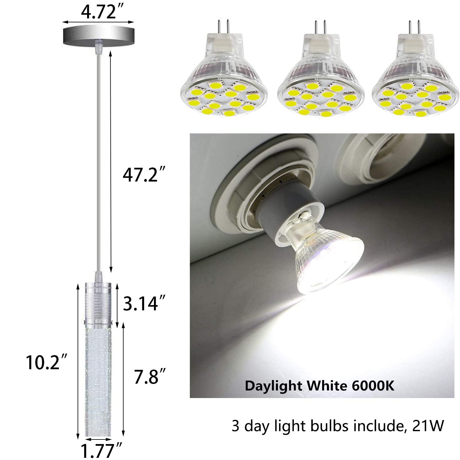 HAIXIANG Modern Kitchen Island Hanging Light Fixtures Crytstal Pendant Lighting for Kitchen Island Chrome Mini Chandelier with 6000K Daylight Bulb