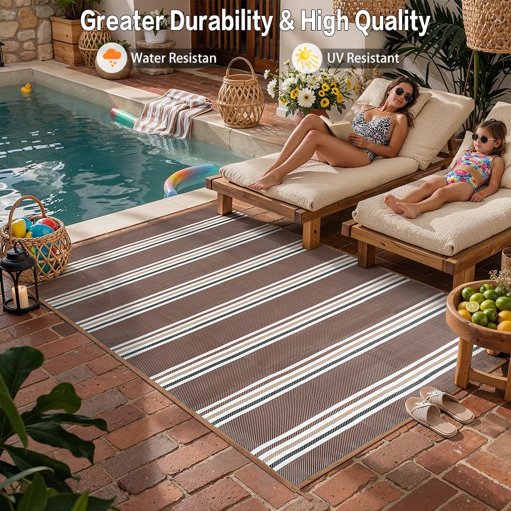 PureCozy Outdoor Plastic Straw Rug Black Beige Large Outside Waterproof Outdoor Patio 5x8 Carpet Geometric Reversible Mat Modern for Camping RV Porch Deck Balcony Beach