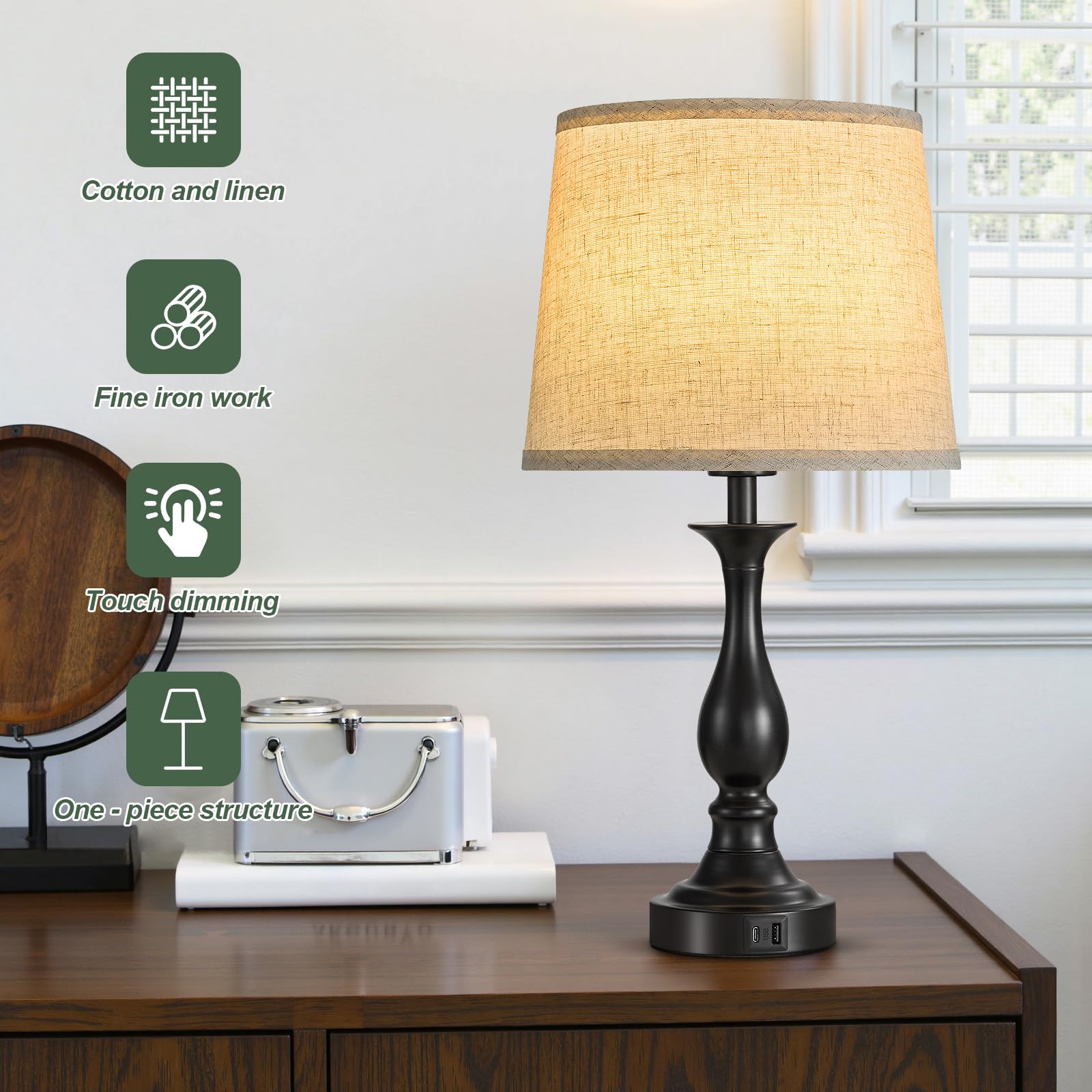 Bedside Table Lamp Touch Control Bedroom Lamps with USB A and C Charging Port 3 Way Dimmable Touch Lamps for Nightstand Living Room Bedroom Dorm Home Office Reading, Set of 2