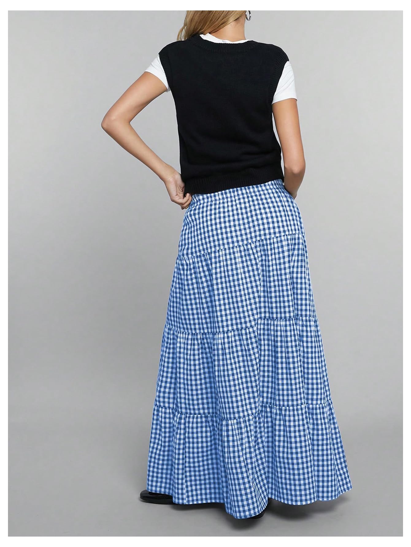 MakeMeChic Women's Plaid Maxi Skirts A Line Ruffle Tiered Layer Y2K Flowy Casual Long Skirts