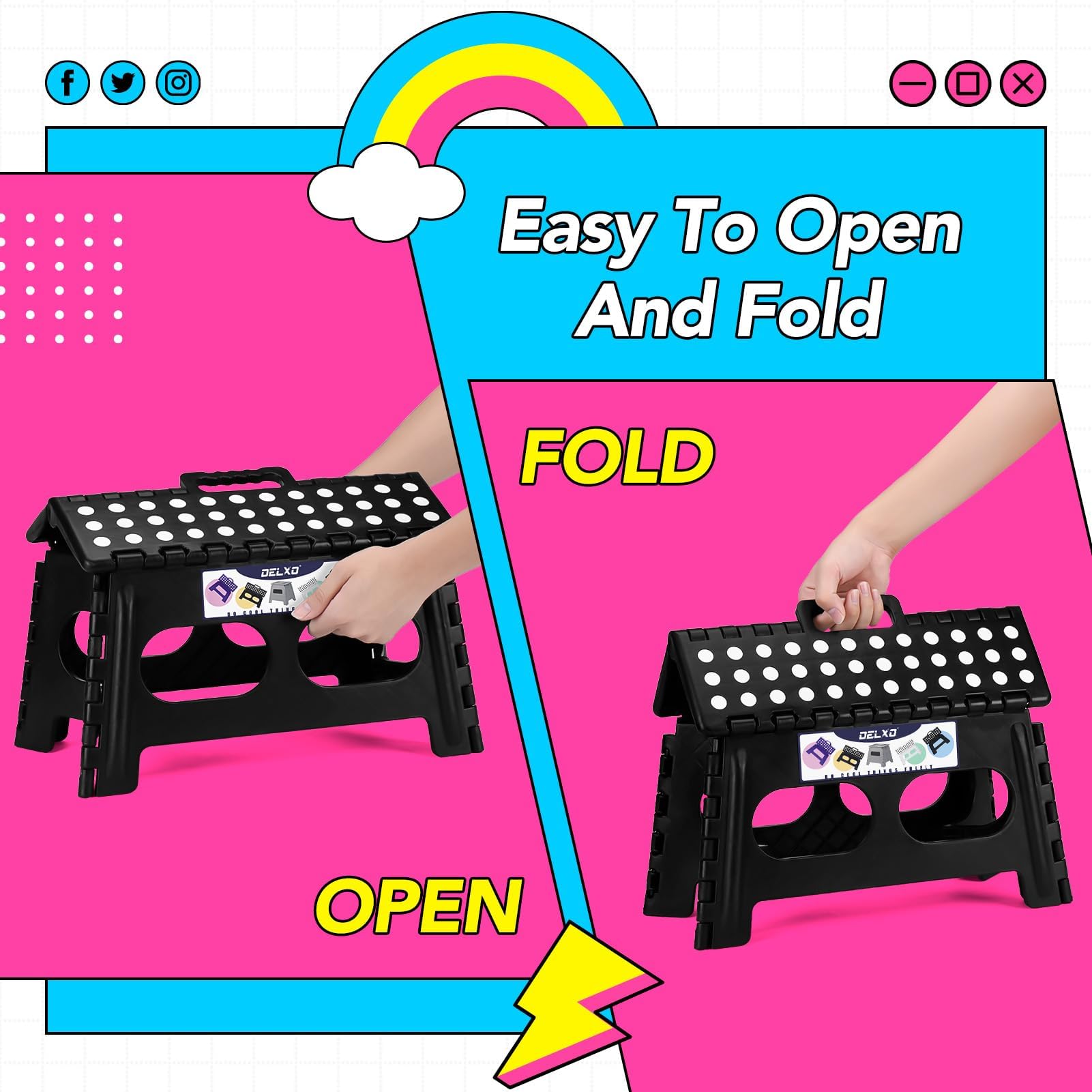 Delxo 11 inch 2 Pack Folding Step Stool, Non-Slip Foldable Stools Up to 300 LBS, Step Stool with Handle, Lightweight Collapsible stools for Kitchen, Bathroom, Bedroom, Garden (Black)