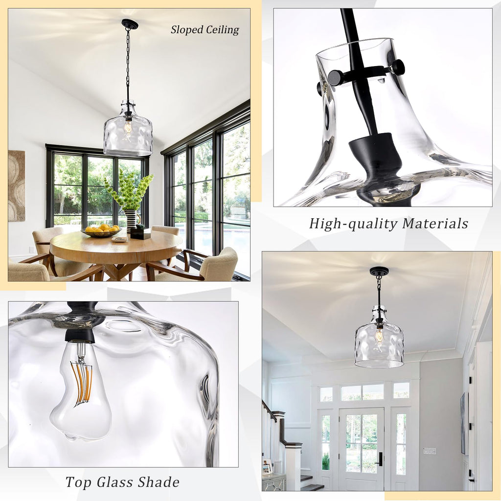 Glass Large Pendant Lights for Kitchen Island Blown Glass Pendant Light Clear Hammered Shade Hanging Ceiling Lights with Black Finish for for Kitchen Island, Sink, Hallway, Living Room 11 inch