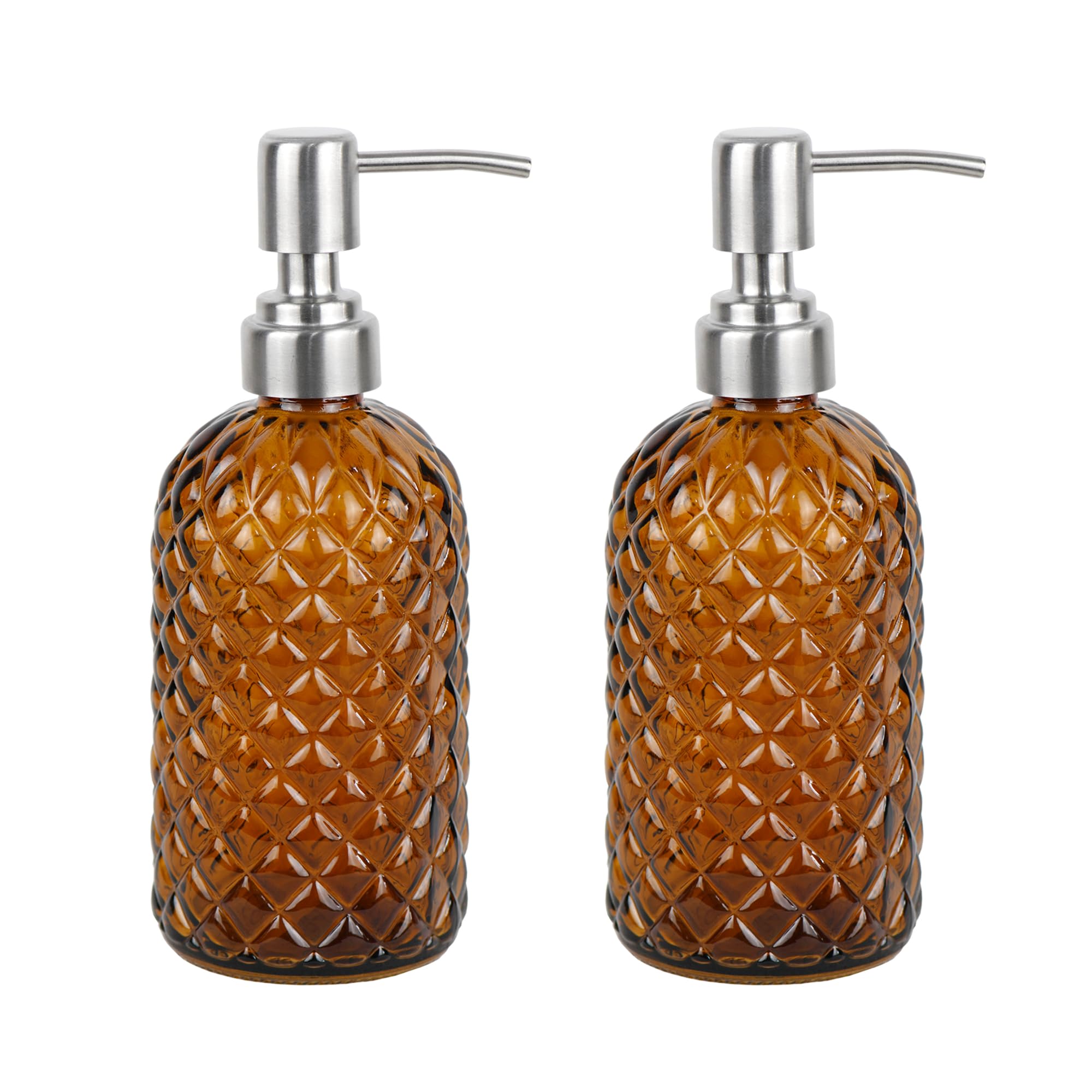16 oz Diamond Pattern Glass Soap Dispenser, Kitchen and Bathroom Refillable Soap Dispenser with Rust Resistant Stainless Steel Pump for Hand Soap, Lotion Glass Liquid Dispenser(Amber)