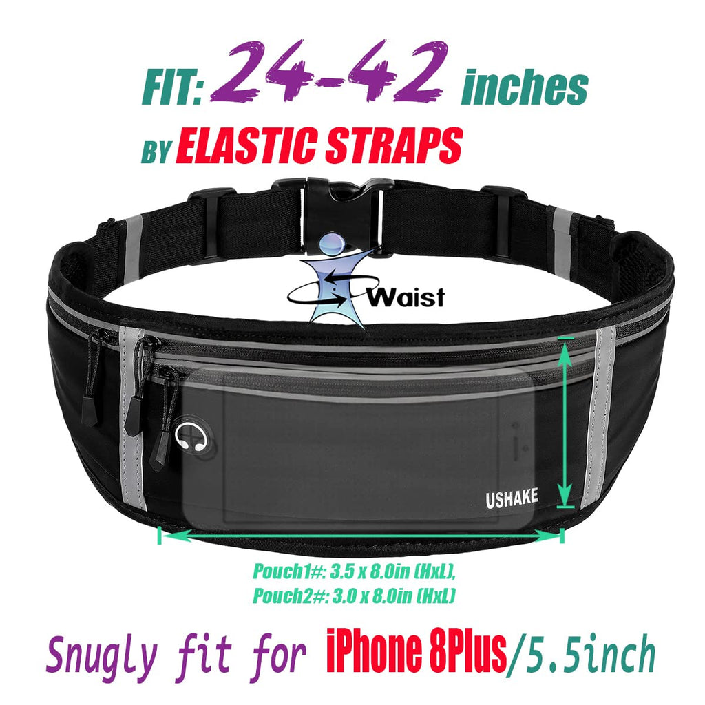 USHAKE Slim Running Belt, Workout Fanny Pack for Men Women,Exercise Waist Pack for Apple iPhone Holder, Runner Belt for Running Walking Cycling Camping Gym Black