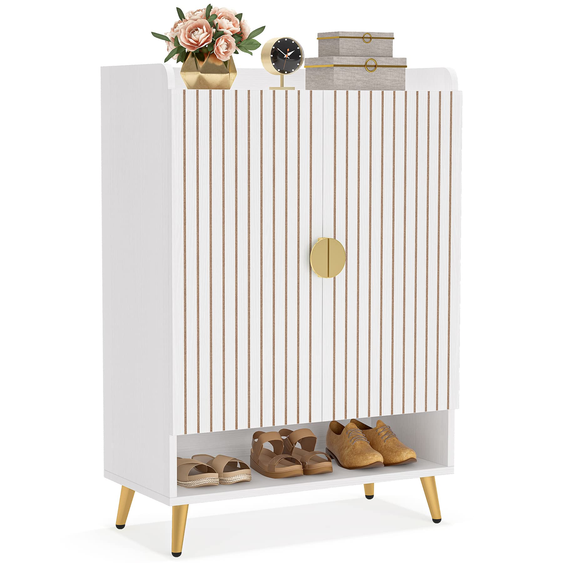 Tribesigns Shoe Cabinet with Doors, 7-Tier Shoe Storage Cabinet with Adjustable Shelves, Wooden Shoes Rack Shoe Storage Organizer for Entryway, Hallway, Closet, Living Room, Black