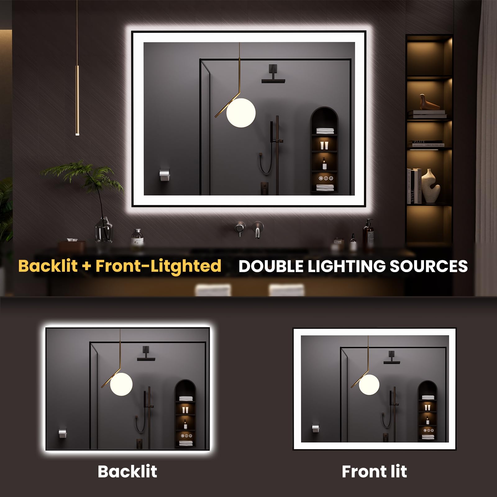 LOAAO 20"X28" LED Bathroom Mirror Black Framed | Anti-Fog, Dimmable, Memory Function, Tempered Glass, Lighted Vanity Mirror for Wall