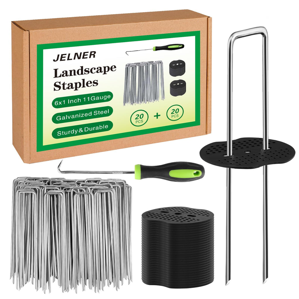 JELNER Garden Stakes,6 Inch 11 Gauge 20pcs Galvanized Landscape Staples + 20pcs Gaskets + 1Pick Hook, Tent Stakes Landscaping Fabric SOD Pins for Weed Fabric Barrier,Groud Cover,Fence