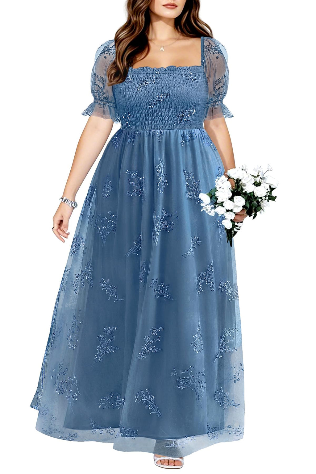 Plus Size Formal Dresses - Bridesmaid Leaf Embroidery with Sequin Tulle Prom Long Dress