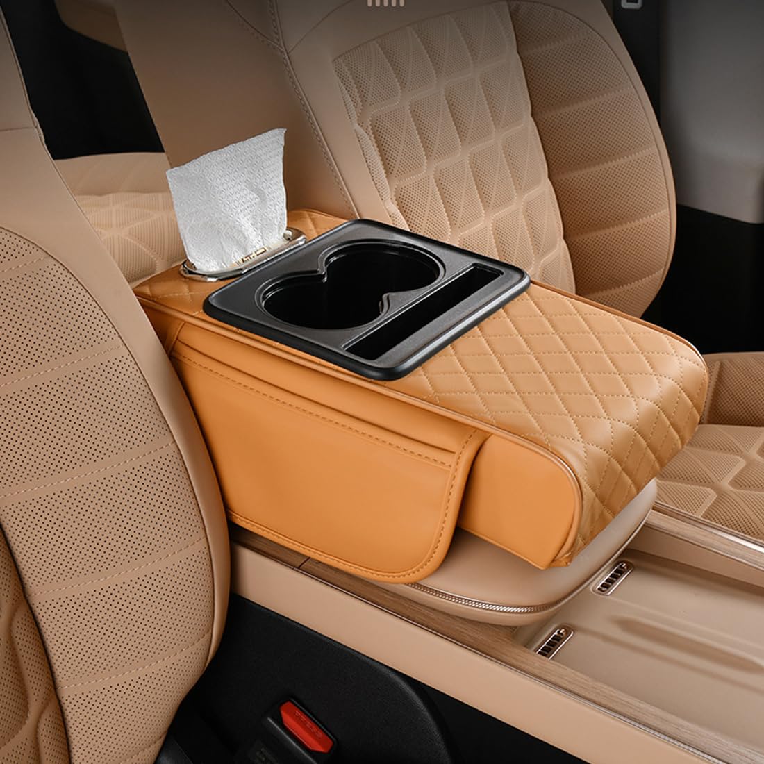 Car Armrest Cushion,5-in-1 Center Console Cover with 2 Storage Bags Cup Holder, Tissue Box Slot, Phone Slot for Sedans, Car Accessories Interior Organizers (Beige)