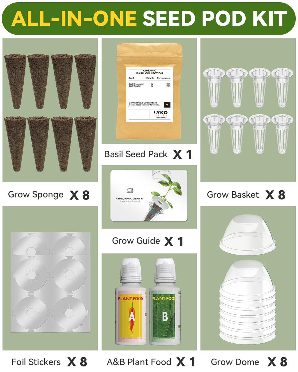 Hydroponics Seed Pod with Genovese Basil & Purple Basil, 8 Pods Complete Kit with Sponge, Basket, Dome, Label, Compatible with AeroGarden, Ahopegarden, GARDENCUBE, iDoo & MUFGA Indoor Smart Gardens