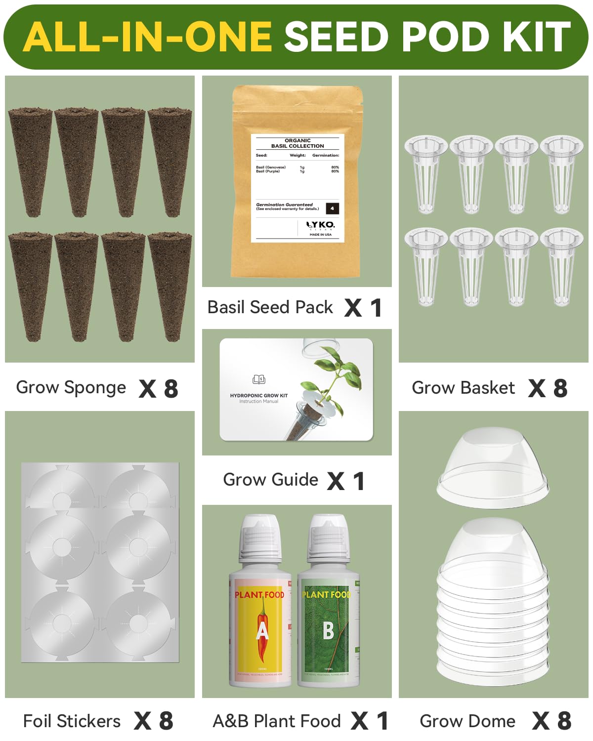 Hydroponics Seed Pod with Genovese Basil & Purple Basil, 8 Pods Complete Kit with Sponge, Basket, Dome, Label, Compatible with AeroGarden, Ahopegarden, GARDENCUBE, iDoo & MUFGA Indoor Smart Gardens