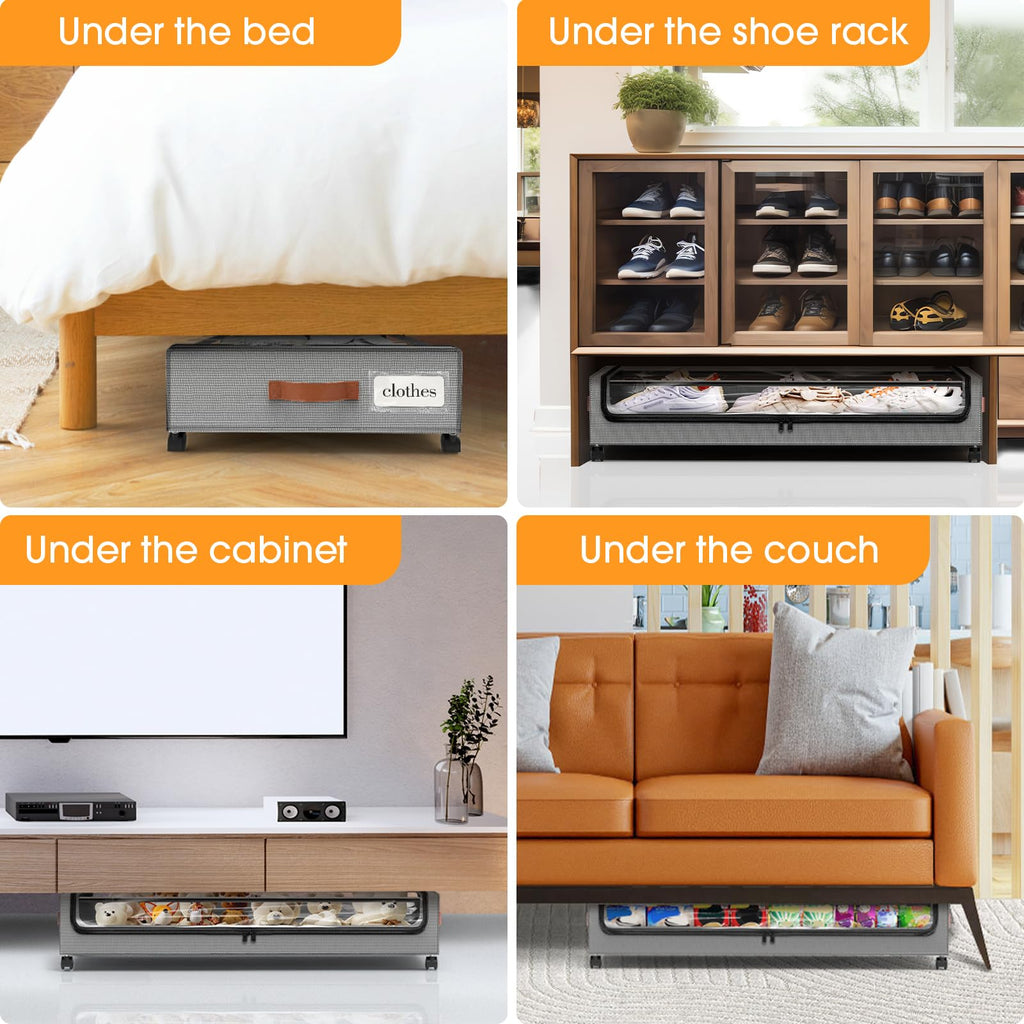 SpaceHacks Under Bed Storage with Wheels 1Pack Underbed Storage with Clear Window&Label Under Bed Drawers Large Capacity Rolling Under Bed Storage for Clothes,Shoes, Blankets (Beige)