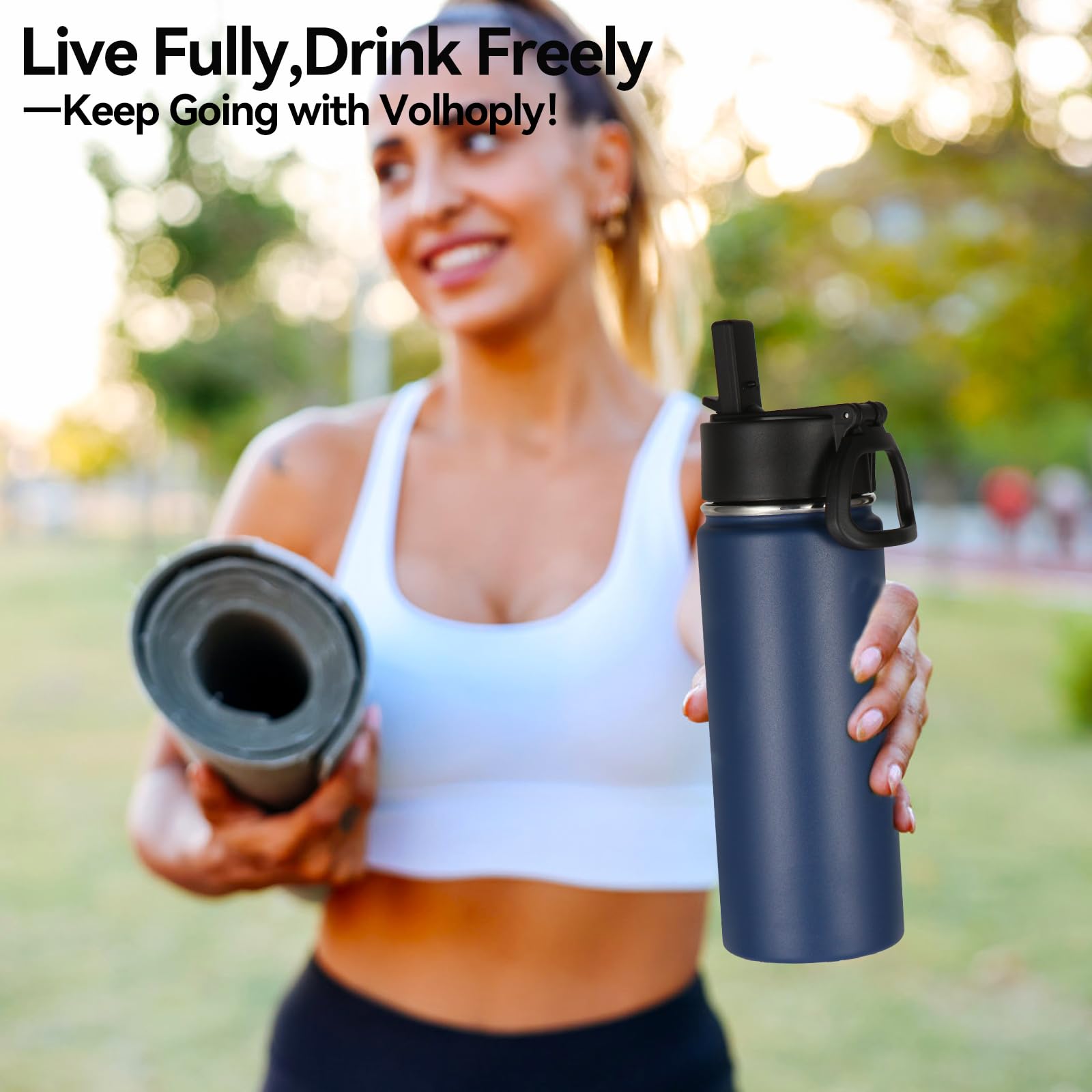 Volhoply Kids Insulated Water Bottle with Straw,16oz Stainless Steel Cold Water Bottles for School,BPA-Free Metal Wide Mouth Cups with Handle Lid,Reusable Double Wall Vacuum Sport Flask(Black,1)