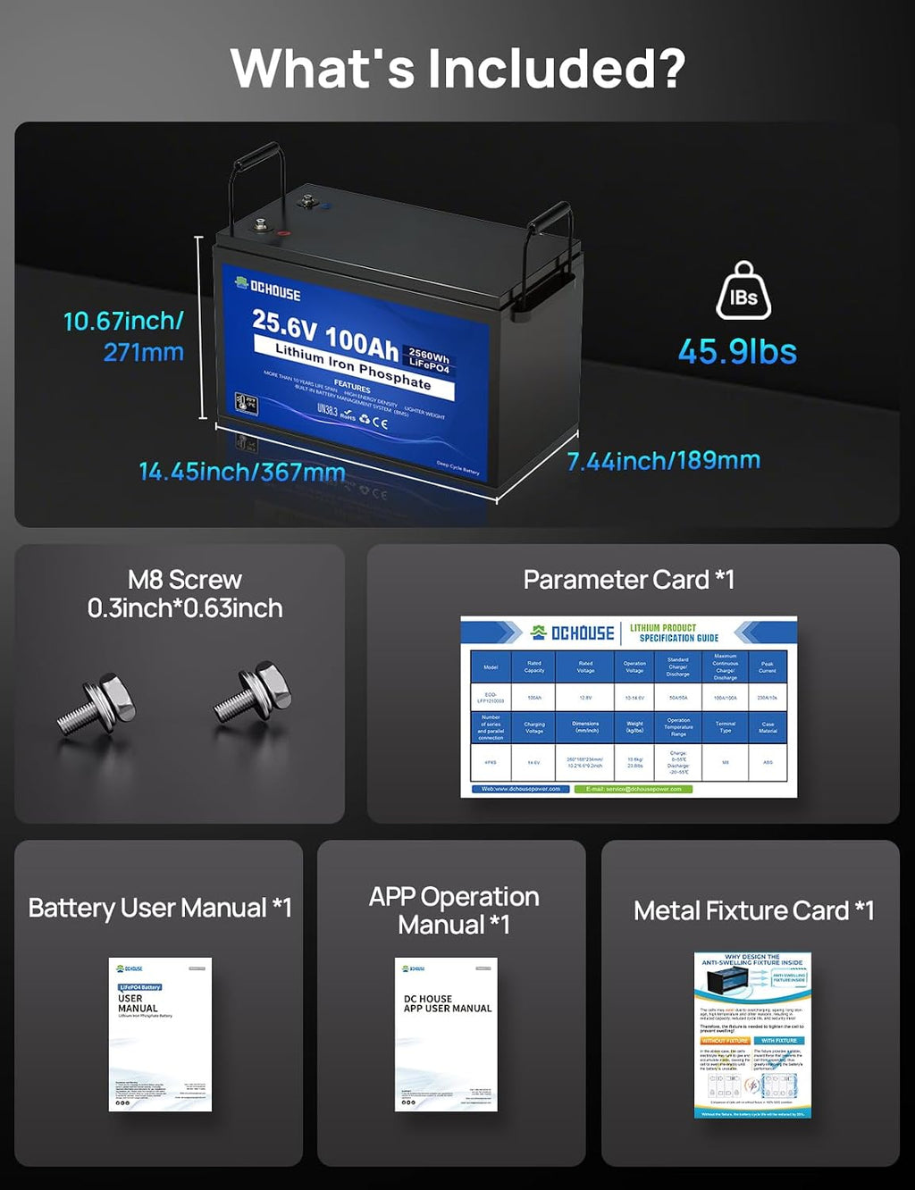 DC House 24V 100Ah LiFePO4 Bluetooth Lithium Battery, Smart BMS with Low Temp Cut-Off, Up to 15000 Cycles, Perfect for Trolling Motors, Marine, Boat, RV, Camper, Home Energy Storage