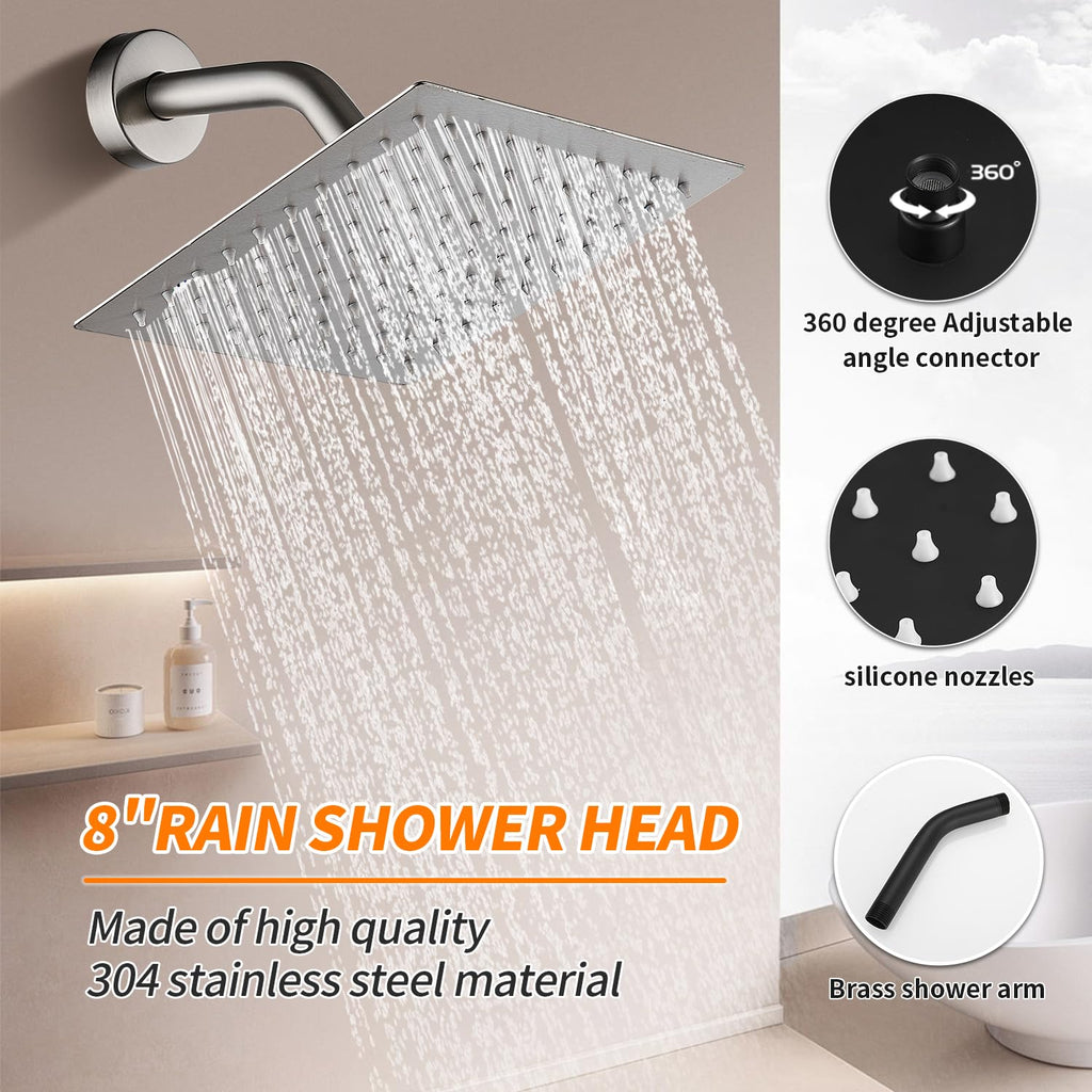 Gold Brushed Tub Shower Faucet Set With 8" Shower Head & Spout
