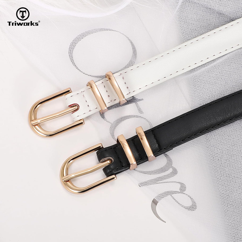 TRIWORKS 2 Pack Women Skinny Leather Belts for Jeans Pants Thin Faux Leather Belt with Gold Buckle