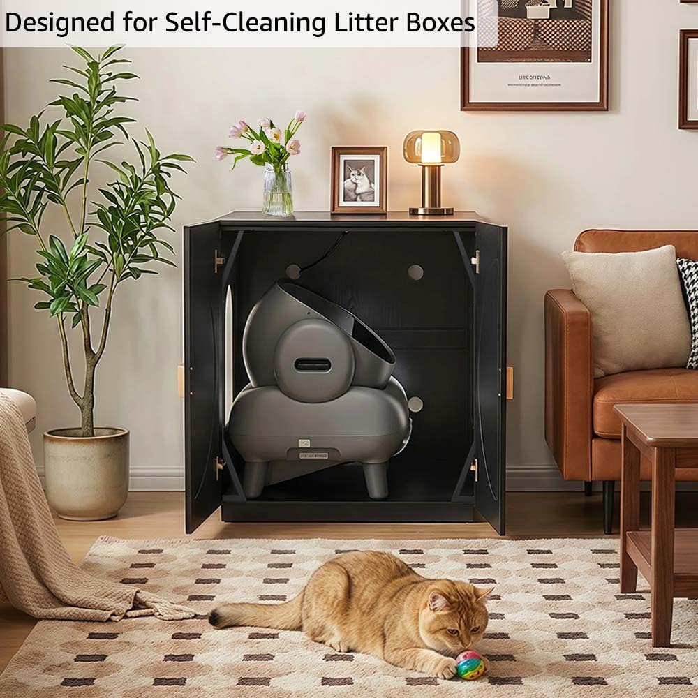 unipaws Extra Large Cat Litter Box Enclosure for Self-Cleaning & Automatic Litter Boxes, Tall Cabinet with Charging Station, Wooden Dog Proof Hidden Cat House for Top Entry Litter Box