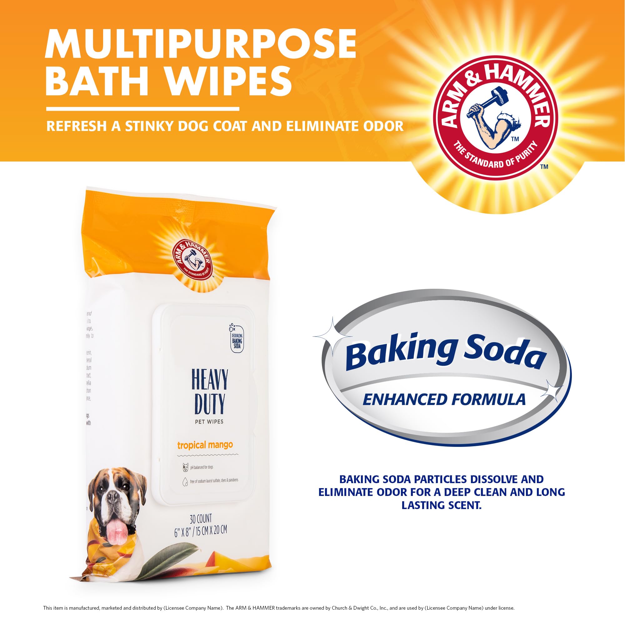 Arm and Hammer for Pets Heavy Duty Multipurpose Dog Bath Wipes, Mango Scent, Travel Size - All Purpose Wipes That Remove Odor and Refresh Dog Coat Between Baths, 30 Count