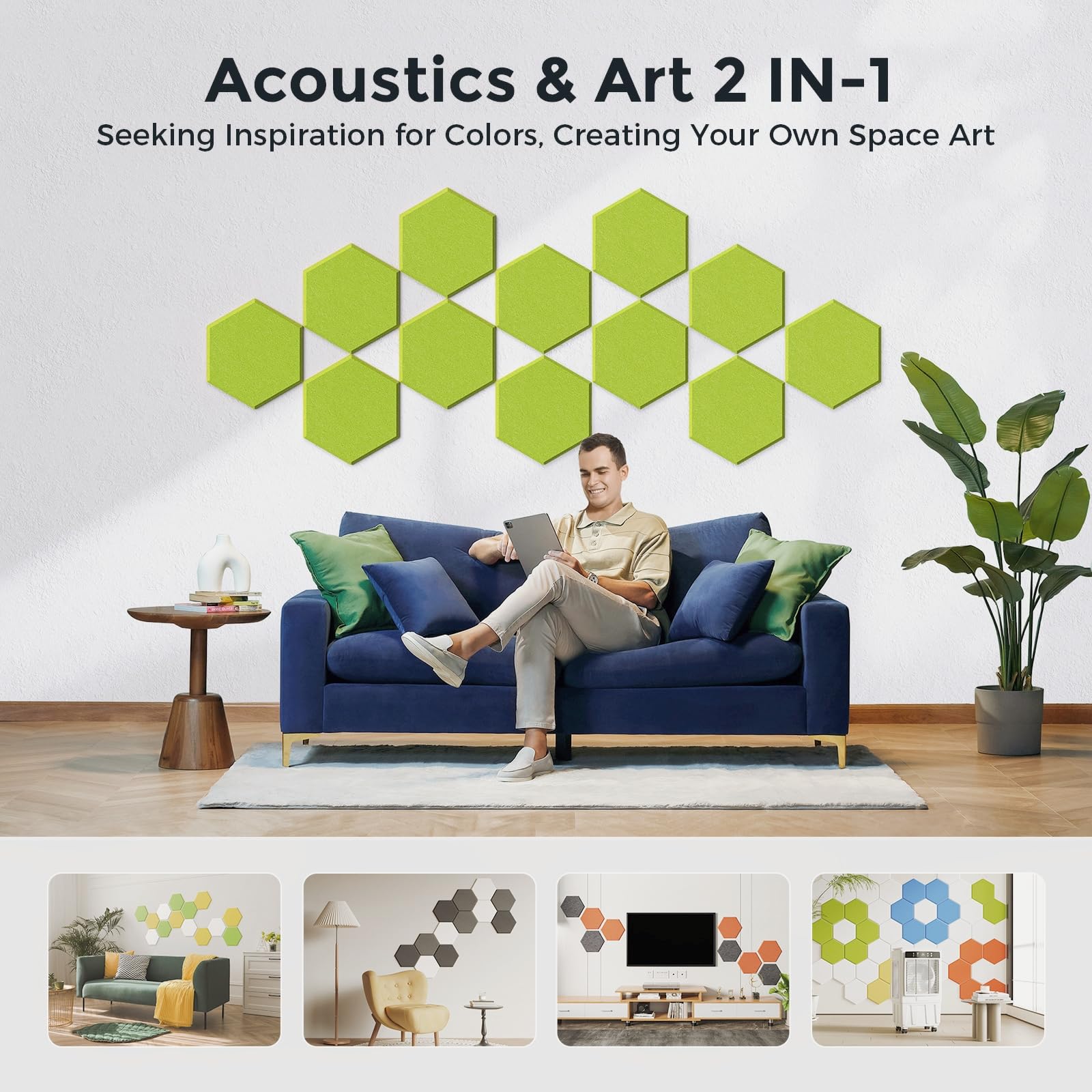 Self-Adhesive Acoustic Panels [390 lbs/yd³ Ultra-High Density], 2nd Generation Sound Absorbing Panel, Professional Level Sound Panel, Polyester Soundproof Foam [Medium Hexagon, Beige]