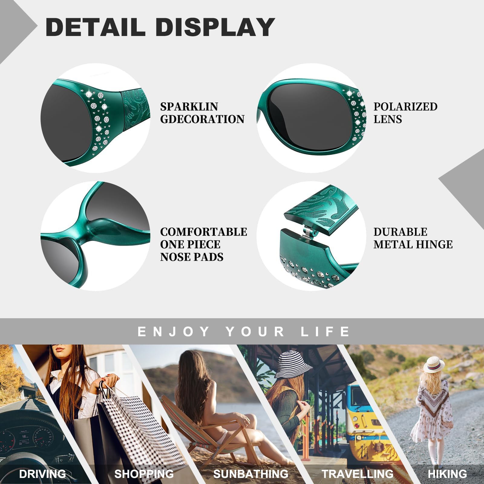 HAOLOTA Polarized Sunglasses for Women, Rhinestone Wrap Around Sunglasses with UV400 Protection