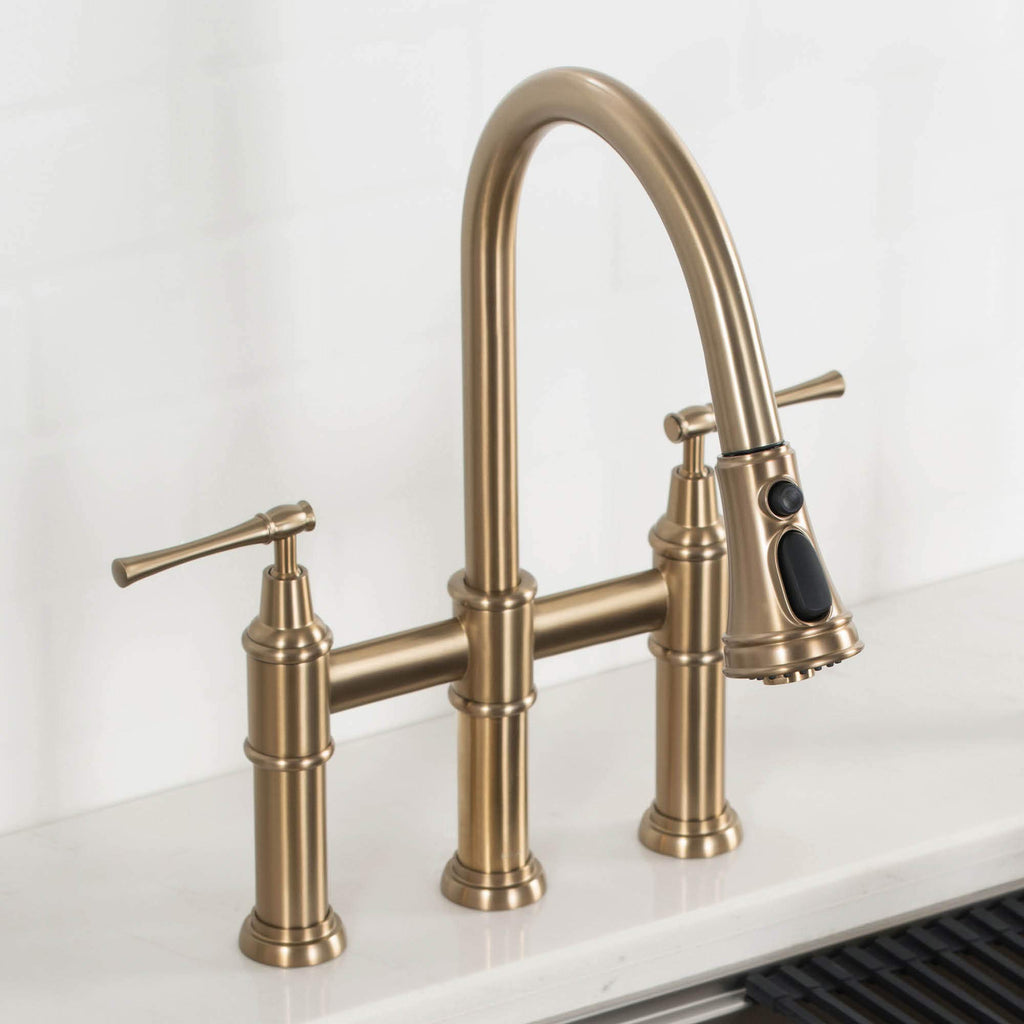 KRAUS Allyn Transitional Bridge Kitchen Faucet with Pull-Down Sprayhead in Brushed Gold, KPF-3121BG
