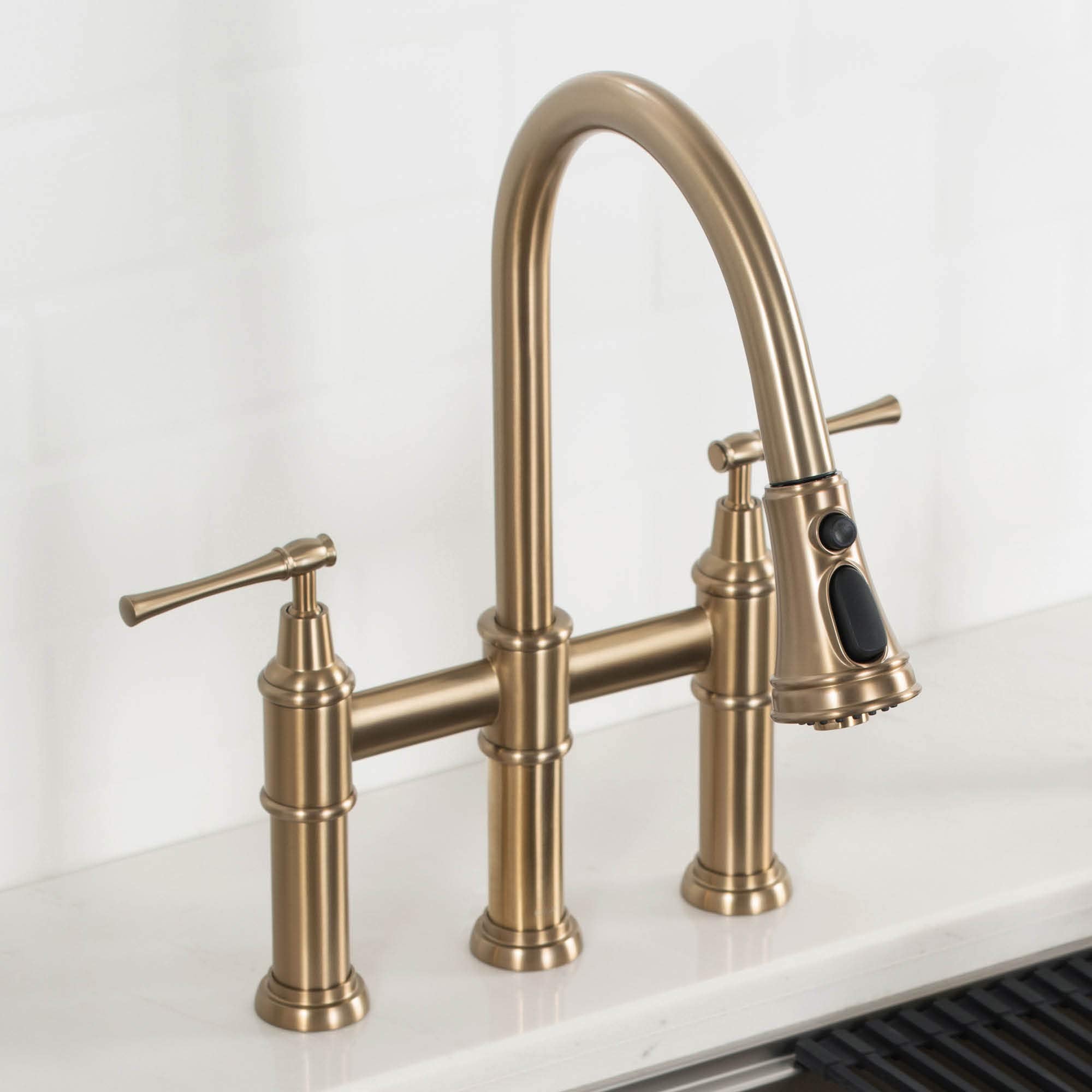 KRAUS Allyn Transitional Bridge Kitchen Faucet with Pull-Down Sprayhead in Brushed Gold, KPF-3121BG