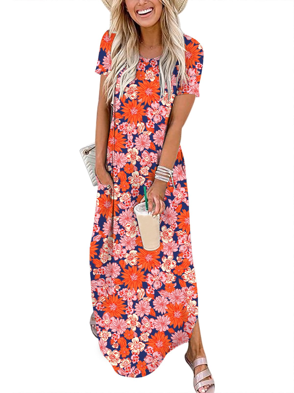 ANRABESS Womens Summer Maxi Dress Short Sleeve Casual Loose Long T Shirt Dresses Split Vacation Beach Sundress Travel Outfits